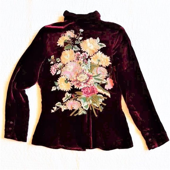 Anthropologie Tops - Anthropologie crimson silk velvet embroidered top